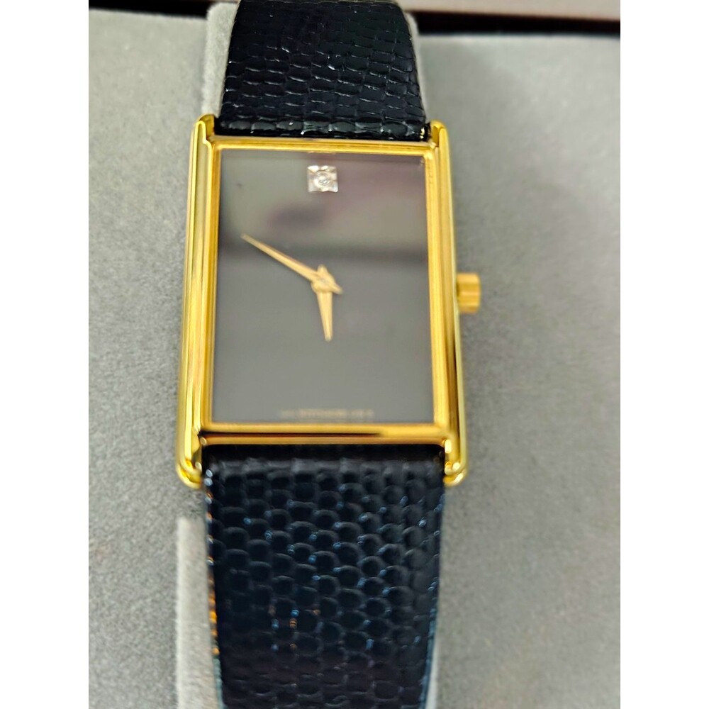 Wittnauer Rectangle Gold Plated Case Black Dial Quartz Leather Strap w/ Box